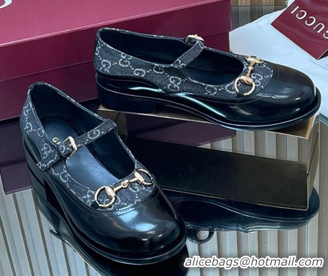Good Quality Gucci Shiny Leather and GG Canvas Mary Janes Pumps 3.5cm with Horsebit 847769 Blue/Black 2026