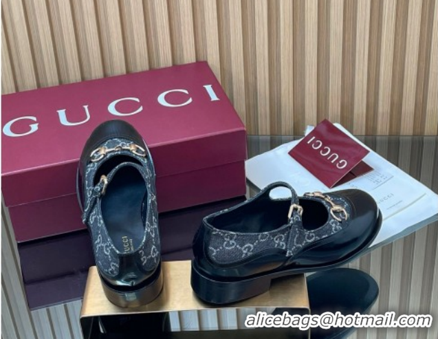 Good Quality Gucci Shiny Leather and GG Canvas Mary Janes Pumps 3.5cm with Horsebit 847769 Blue/Black 2026