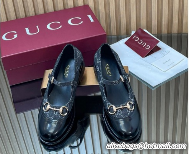 Good Quality Gucci Shiny Leather and GG Canvas Mary Janes Pumps 3.5cm with Horsebit 847769 Blue/Black 2026