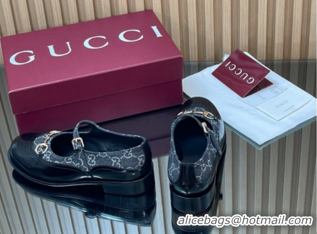 Good Quality Gucci Shiny Leather and GG Canvas Mary Janes Pumps 3.5cm with Horsebit 847769 Blue/Black 2026