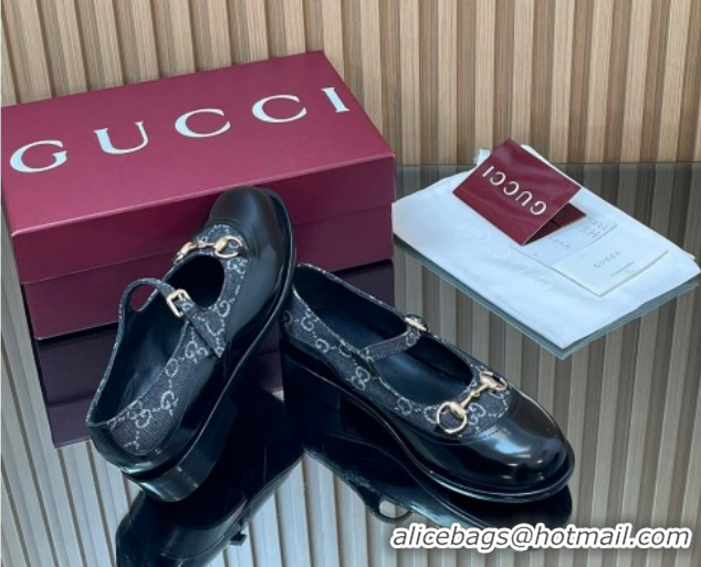 Good Quality Gucci Shiny Leather and GG Canvas Mary Janes Pumps 3.5cm with Horsebit 847769 Blue/Black 2026