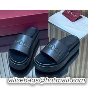 Best Grade Gucci Leather Platform Slides Sandal 5.5cm with Logo Signature Black GG121701 2026