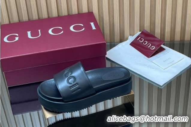 Best Grade Gucci Leather Platform Slides Sandal 5.5cm with Logo Signature Black GG121701 2026