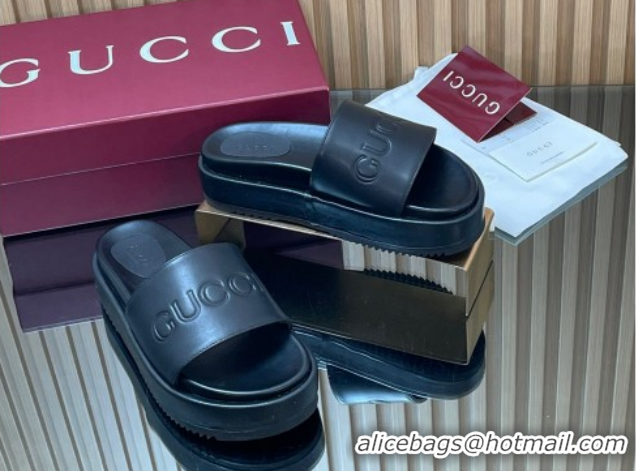 Best Grade Gucci Leather Platform Slides Sandal 5.5cm with Logo Signature Black GG121701 2026