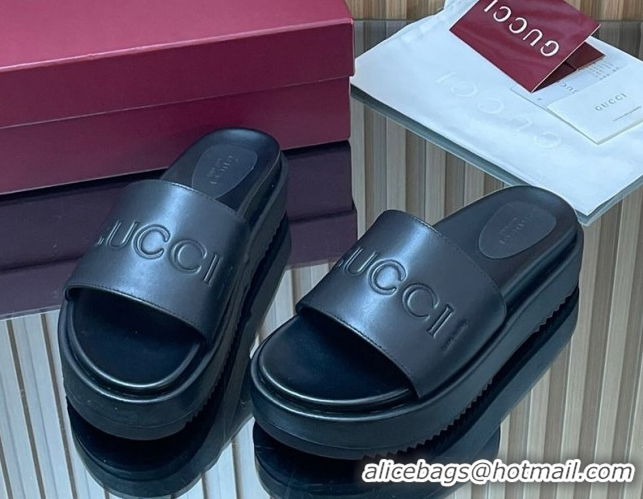 Best Grade Gucci Leather Platform Slides Sandal 5.5cm with Logo Signature Black GG121701 2026