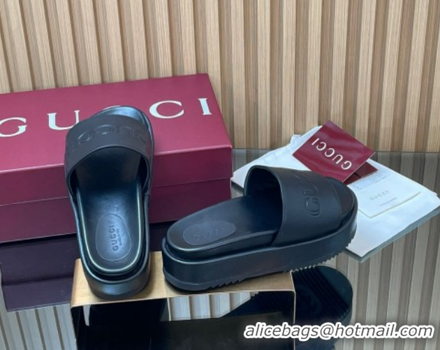 Best Grade Gucci Leather Platform Slides Sandal 5.5cm with Logo Signature Black GG121701 2026