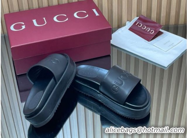 Best Grade Gucci Leather Platform Slides Sandal 5.5cm with Logo Signature Black GG121701 2026