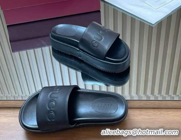 Best Grade Gucci Leather Platform Slides Sandal 5.5cm with Logo Signature Black GG121701 2026