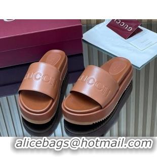 Top Grade Gucci Leather Platform Slides Sandal 5.5cm with Logo Signature GG121701 Brown 2026