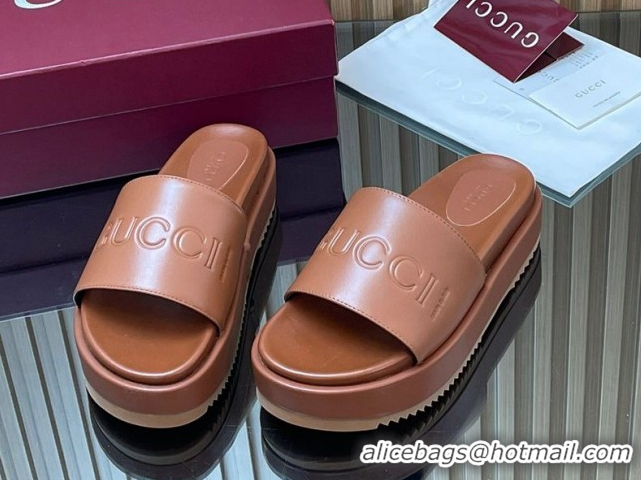 Top Grade Gucci Leather Platform Slides Sandal 5.5cm with Logo Signature GG121701 Brown 2026