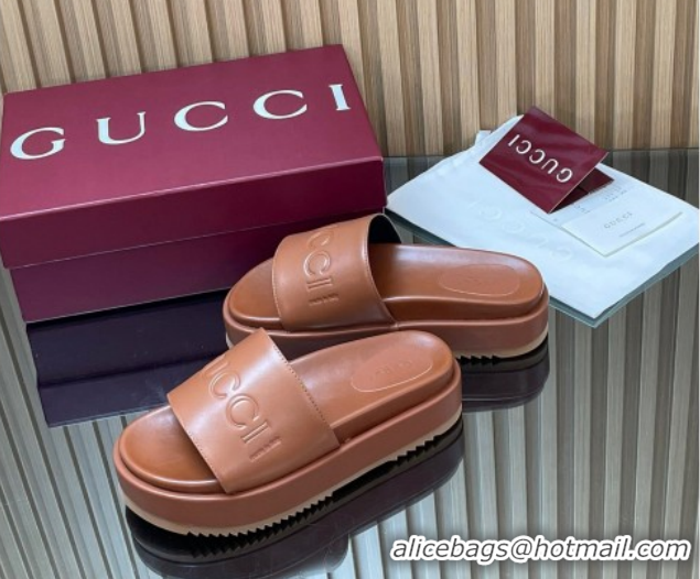 Top Grade Gucci Leather Platform Slides Sandal 5.5cm with Logo Signature GG121701 Brown 2026