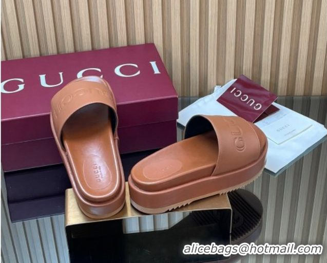 Top Grade Gucci Leather Platform Slides Sandal 5.5cm with Logo Signature GG121701 Brown 2026