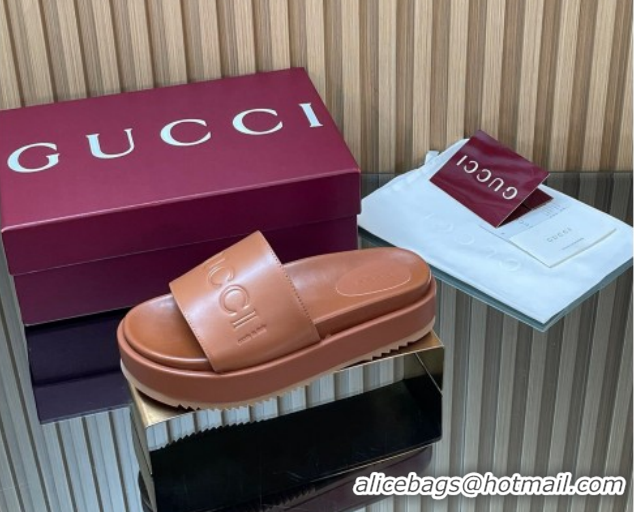 Top Grade Gucci Leather Platform Slides Sandal 5.5cm with Logo Signature GG121701 Brown 2026