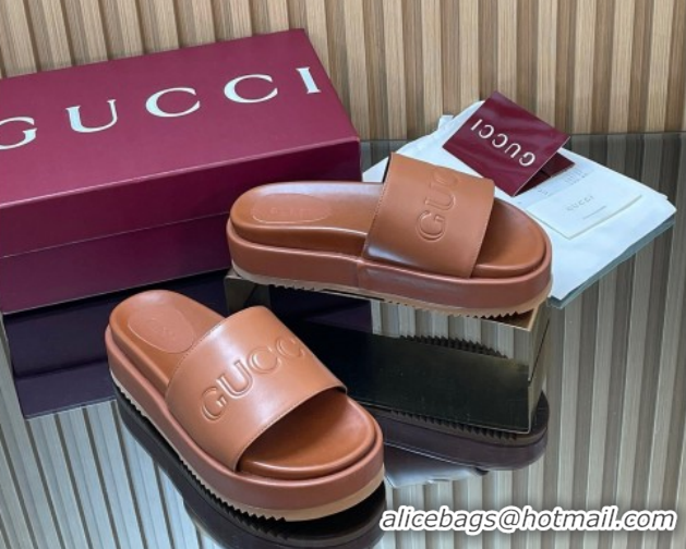 Top Grade Gucci Leather Platform Slides Sandal 5.5cm with Logo Signature GG121701 Brown 2026