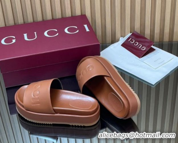 Top Grade Gucci Leather Platform Slides Sandal 5.5cm with Logo Signature GG121701 Brown 2026