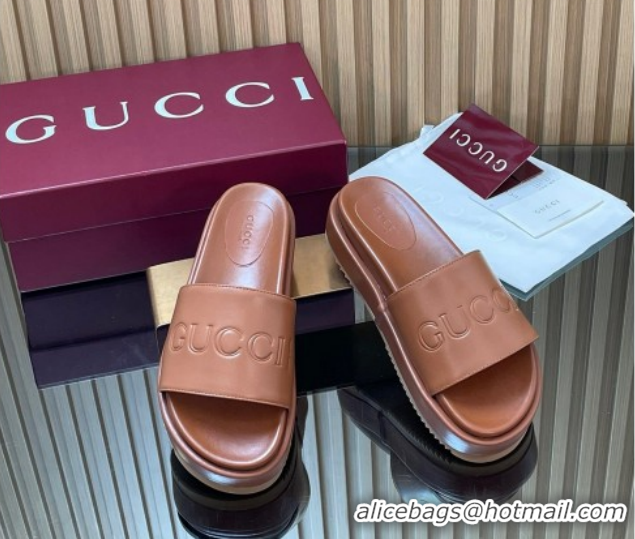 Top Grade Gucci Leather Platform Slides Sandal 5.5cm with Logo Signature GG121701 Brown 2026