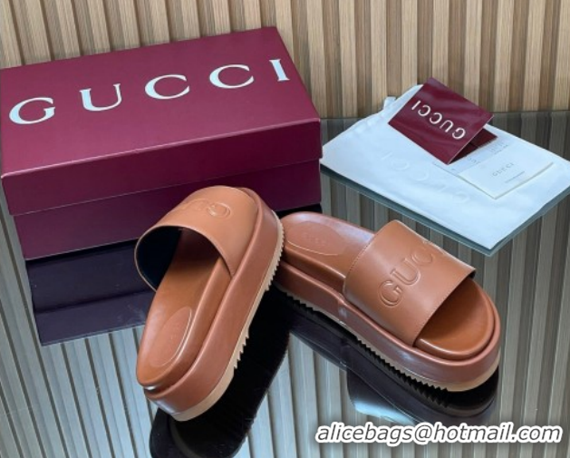 Top Grade Gucci Leather Platform Slides Sandal 5.5cm with Logo Signature GG121701 Brown 2026