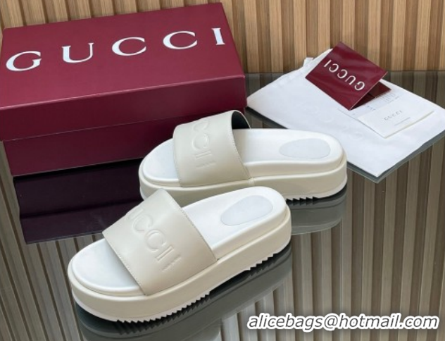 Shop Cheap Gucci Leather Platform Slides Sandal 5.5cm with Logo Signature GG121701 White 2026