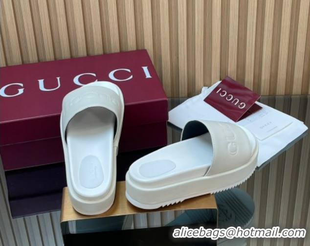 Shop Cheap Gucci Leather Platform Slides Sandal 5.5cm with Logo Signature GG121701 White 2026