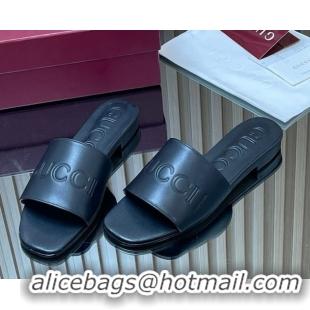Popular Style Gucci Leather Flat Slides Sandal with Logo Signature GG121701 Black 2026