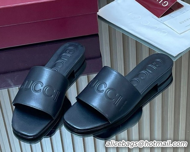Popular Style Gucci Leather Flat Slides Sandal with Logo Signature GG121701 Black 2026
