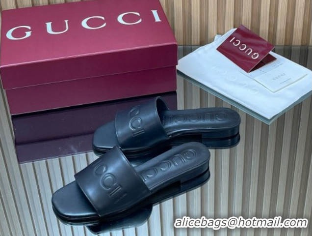 Popular Style Gucci Leather Flat Slides Sandal with Logo Signature GG121701 Black 2026