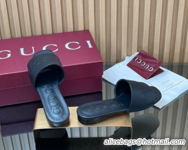 Popular Style Gucci Leather Flat Slides Sandal with Logo Signature GG121701 Black 2026