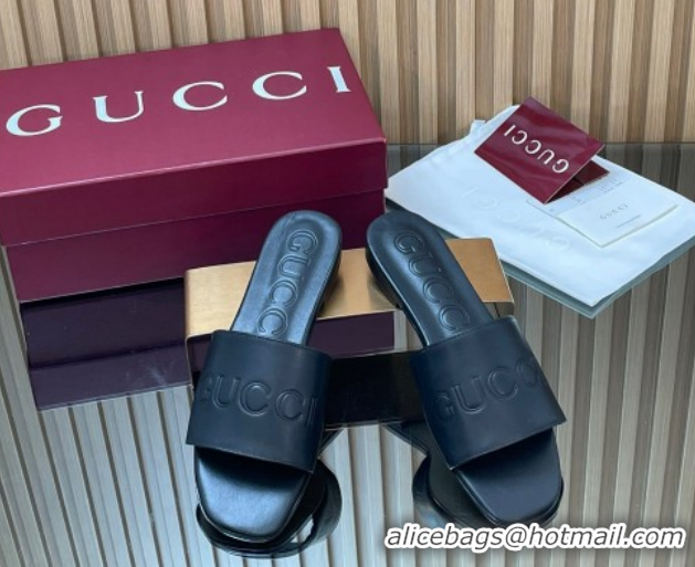 Popular Style Gucci Leather Flat Slides Sandal with Logo Signature GG121701 Black 2026