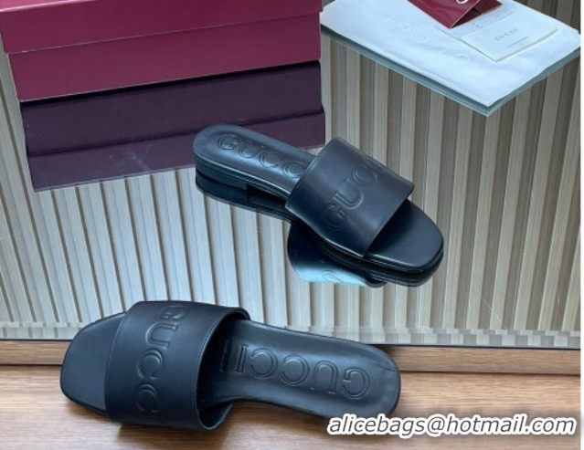 Popular Style Gucci Leather Flat Slides Sandal with Logo Signature GG121701 Black 2026
