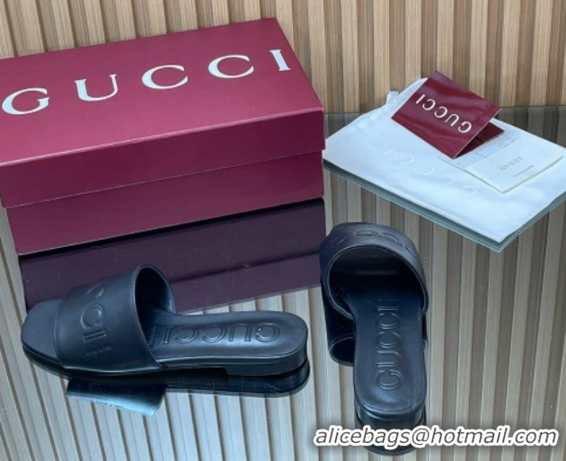 Popular Style Gucci Leather Flat Slides Sandal with Logo Signature GG121701 Black 2026