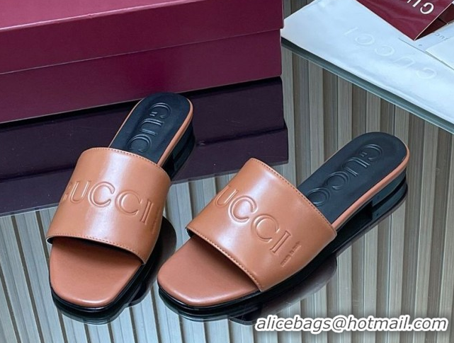 Buy Discount Gucci Leather Flat Slides Sandal with Logo Signature GG121701 Brown 2026