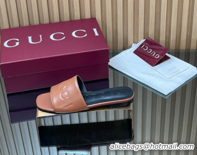 Buy Discount Gucci Leather Flat Slides Sandal with Logo Signature GG121701 Brown 2026
