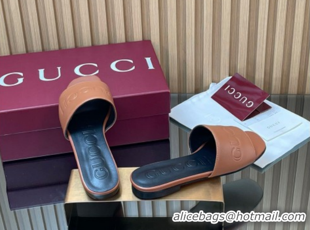 Buy Discount Gucci Leather Flat Slides Sandal with Logo Signature GG121701 Brown 2026