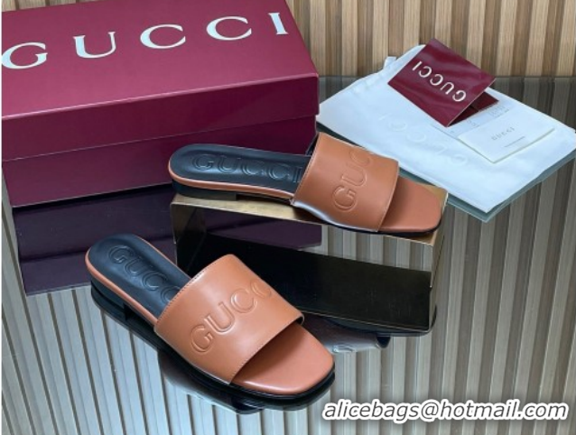 Buy Discount Gucci Leather Flat Slides Sandal with Logo Signature GG121701 Brown 2026