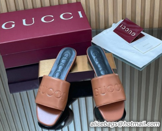 Buy Discount Gucci Leather Flat Slides Sandal with Logo Signature GG121701 Brown 2026