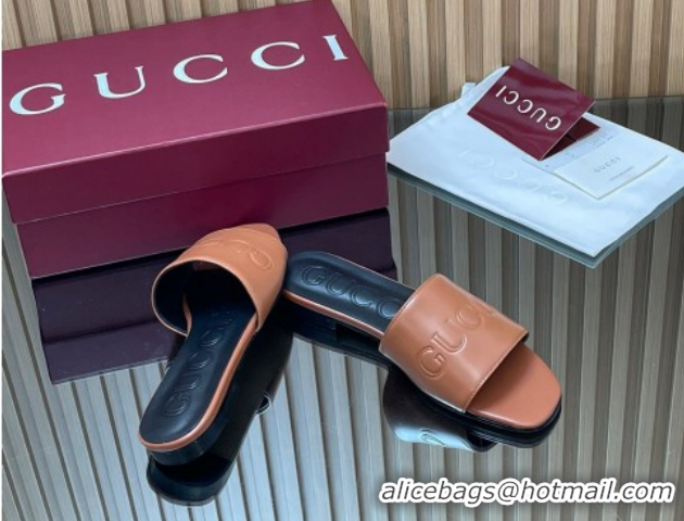 Buy Discount Gucci Leather Flat Slides Sandal with Logo Signature GG121701 Brown 2026