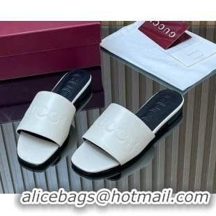 Best Product Gucci Leather Flat Slides Sandal with Logo Signature GG121701 White 2026
