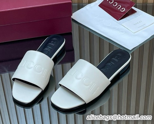 Best Product Gucci Leather Flat Slides Sandal with Logo Signature GG121701 White 2026