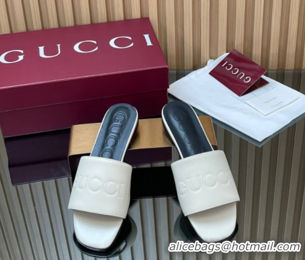 Best Product Gucci Leather Flat Slides Sandal with Logo Signature GG121701 White 2026