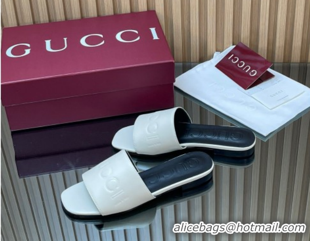 Best Product Gucci Leather Flat Slides Sandal with Logo Signature GG121701 White 2026