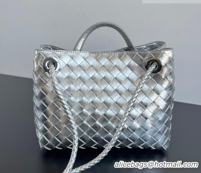 Best Price Bottega Veneta Small Andiamo Top Handle Bag in Intrecciato Leather 743568 Silver-Tone 2026