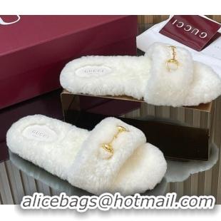 Popular Style Gucci Merino Wool Flat Slides Sandal with Horsebit 852385 White 2026