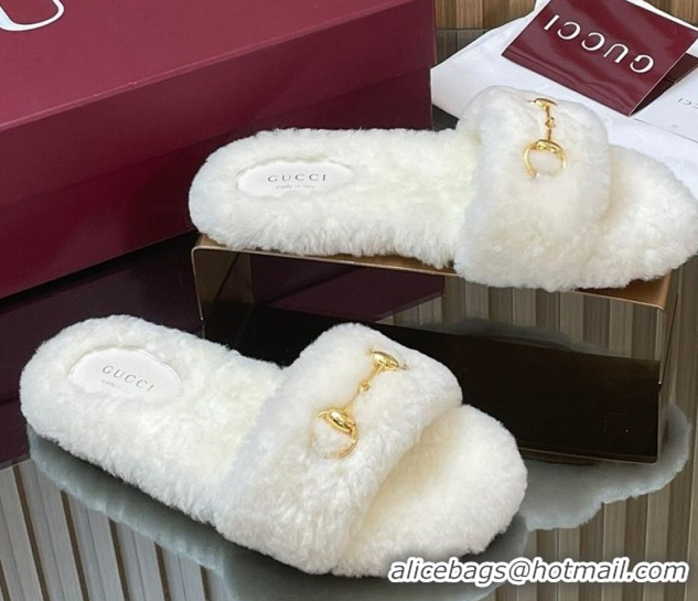 Popular Style Gucci Merino Wool Flat Slides Sandal with Horsebit 852385 White 2026