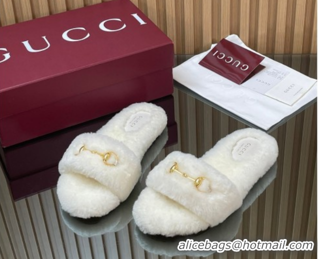 Popular Style Gucci Merino Wool Flat Slides Sandal with Horsebit 852385 White 2026