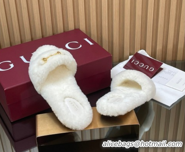 Popular Style Gucci Merino Wool Flat Slides Sandal with Horsebit 852385 White 2026