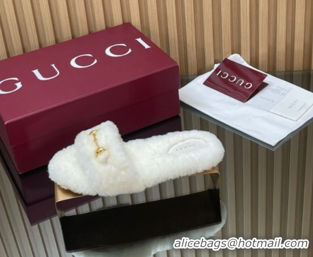 Popular Style Gucci Merino Wool Flat Slides Sandal with Horsebit 852385 White 2026