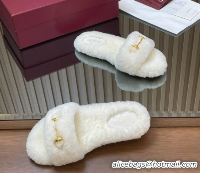 Popular Style Gucci Merino Wool Flat Slides Sandal with Horsebit 852385 White 2026