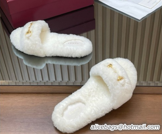 Popular Style Gucci Merino Wool Flat Slides Sandal with Horsebit 852385 White 2026