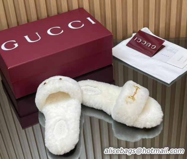 Popular Style Gucci Merino Wool Flat Slides Sandal with Horsebit 852385 White 2026