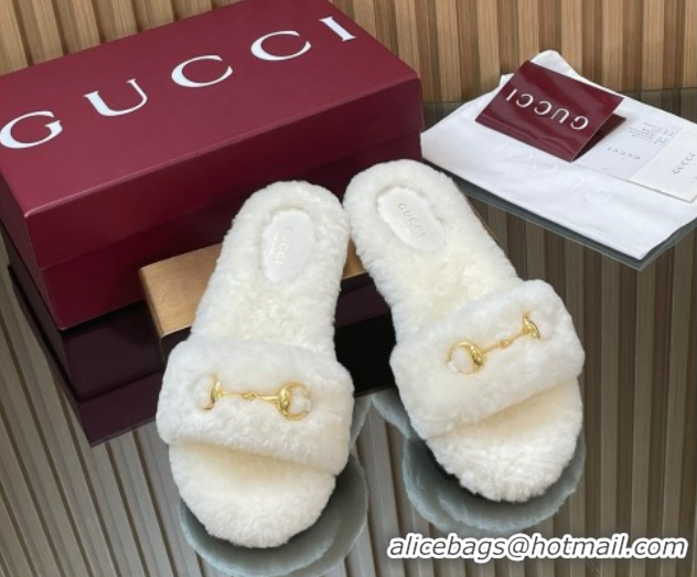 Popular Style Gucci Merino Wool Flat Slides Sandal with Horsebit 852385 White 2026